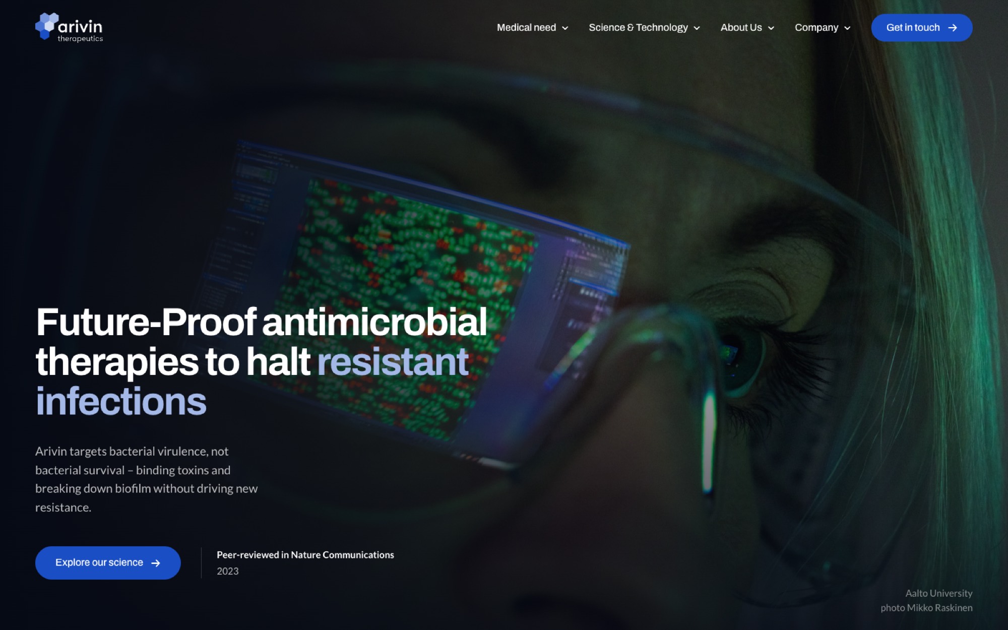 Arivin home page: a researcher photograph opening through a cluster of hexagons, with the headline over it.