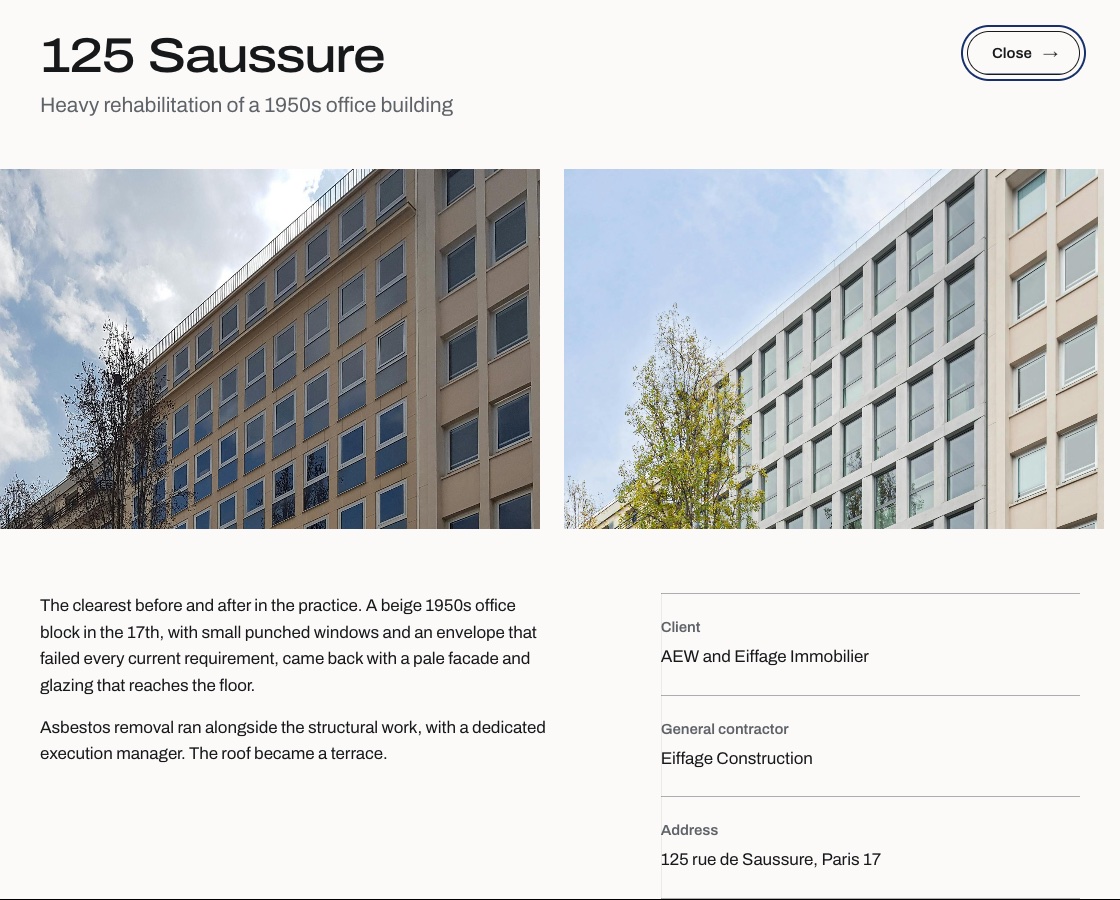 The 125 Saussure project sheet: before and after photographs, the story and a technical card.