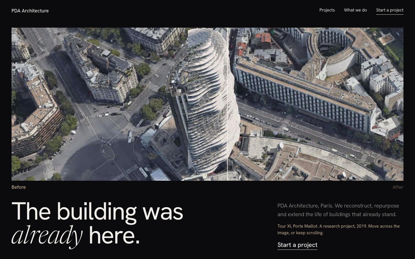 Direction two, The cut: a dark page with a before and after wipe across an aerial photograph.