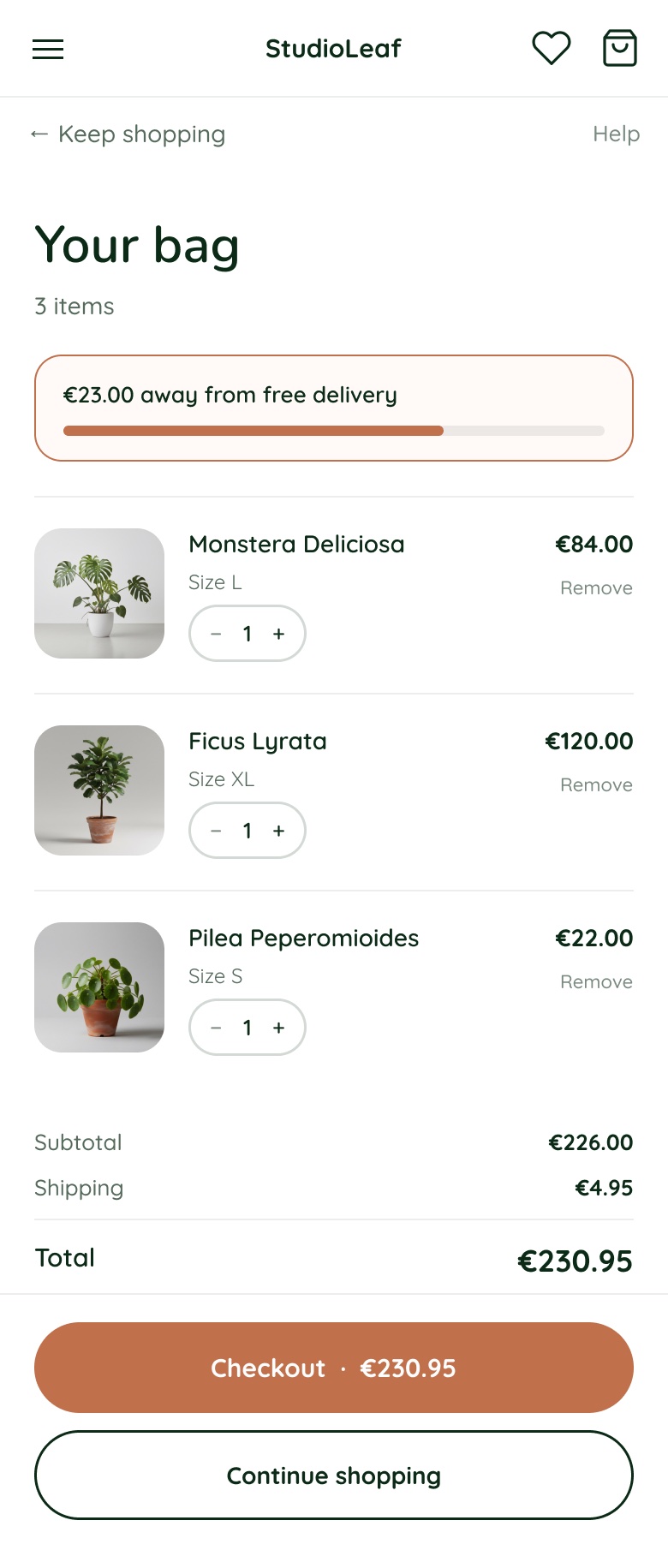 Mobile shopping bag with line items, a free delivery progress bar and two stacked actions.